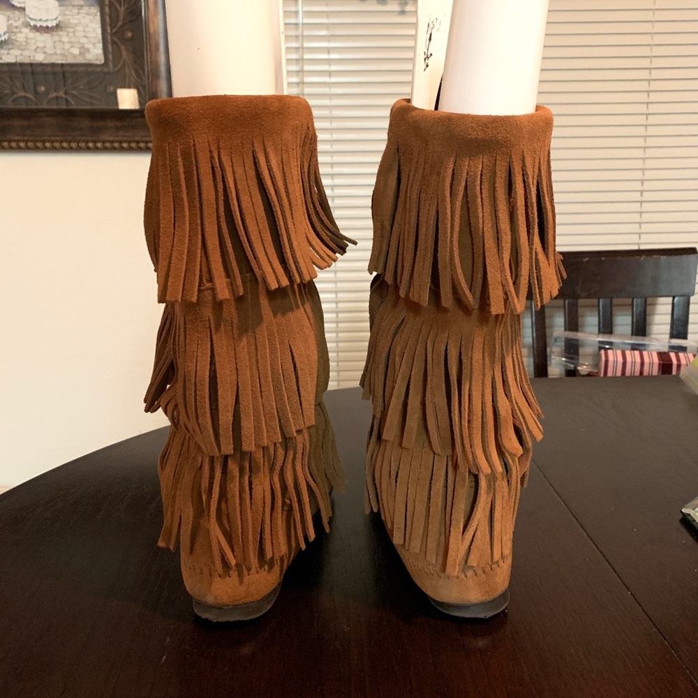 Minnetonka Triple Fringe Suede Moccasin Boots in Cognac Brown - Picture 6 of 7
